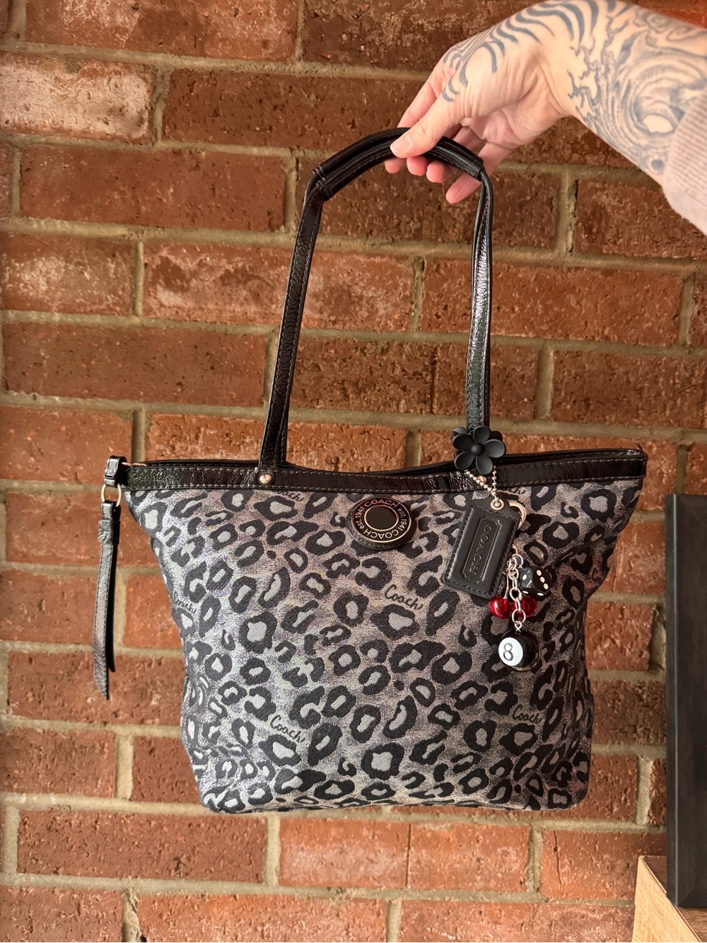 Coach Gray and Black Leopard-Print Tote with Charm